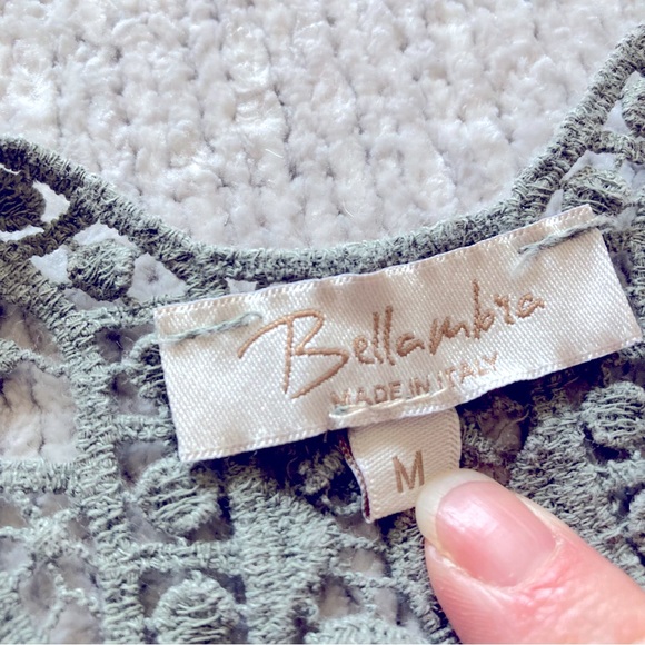 Bellambra Linen Shift Dress Medium Sage Crochet Lace Back Panel Italy Minimalist - Picture 6 of 8
